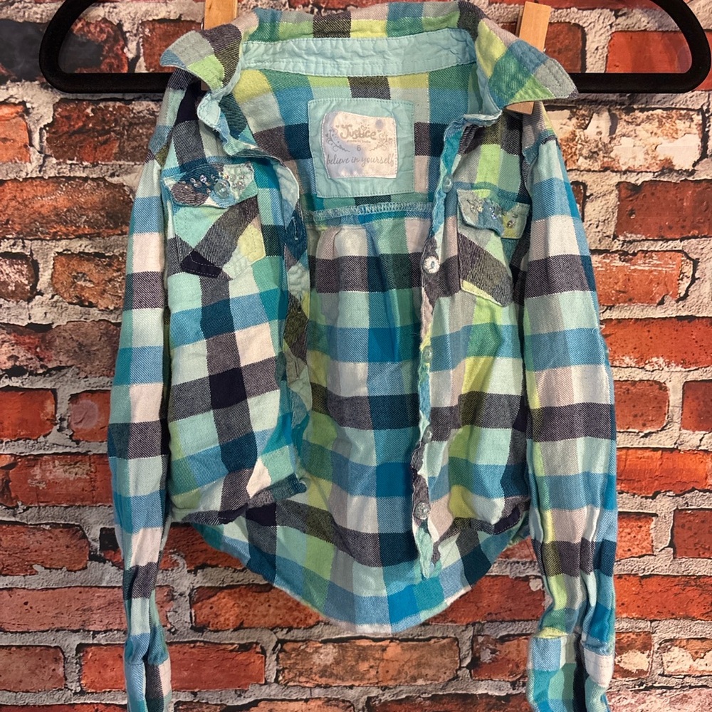 Justice Blue and Green Plaid Button Down Shirt